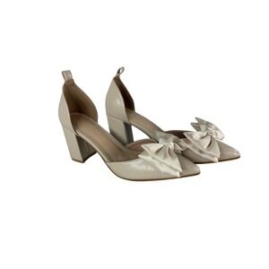 Cream D'Orsay Pointed Toe Block Heel Pumps Satin‎ Bow Womens Shoes Size 37